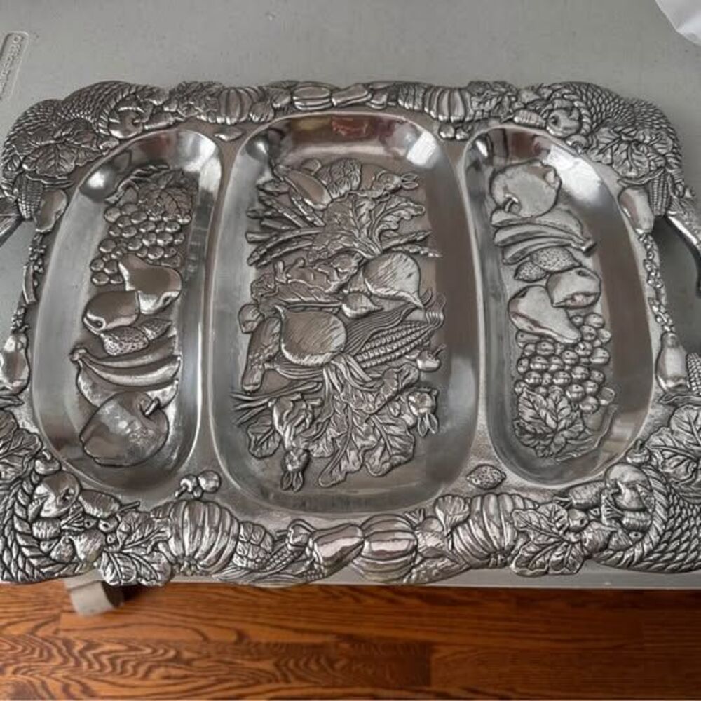Vintage Arthur Court Fruits Vegetables Tray 18” Aluminum Divided 1993 NIB